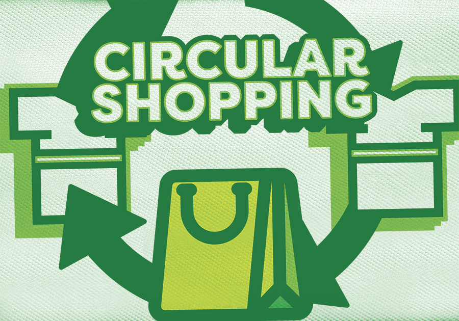 shopping bag surrouned by circular recycle arrows