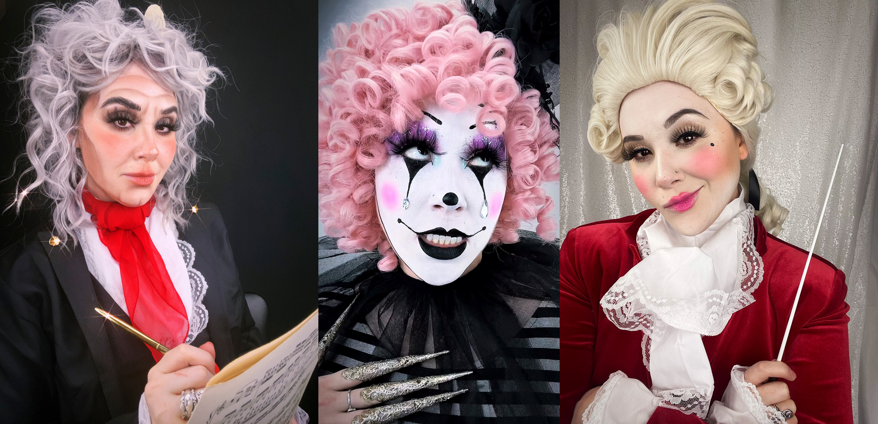 Amy Louise O'Neil in theatrical costumes with wigs