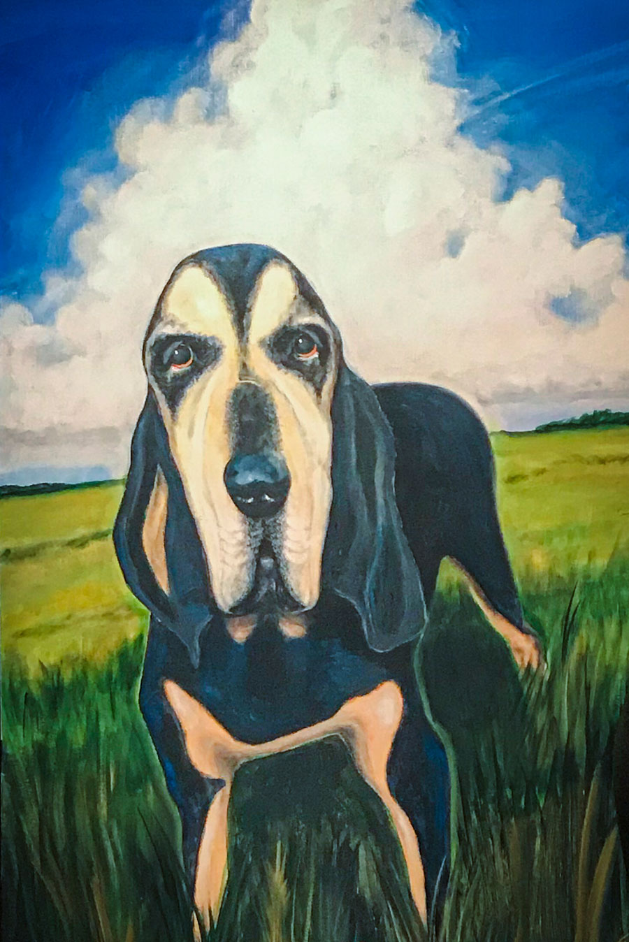 Painting of dog in a field with a dark blue sky and cloud in the background