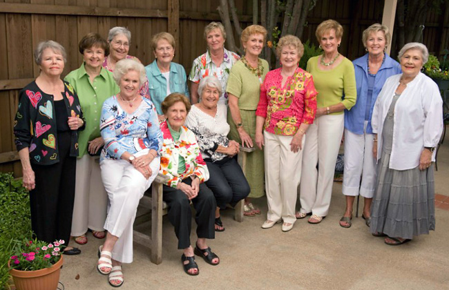From left, standing, Madie Echols Robinson ('53), Shirley Blakeley Mitchell ('56), Virginia White Lasworth ('54), Mary Shoemaker Perrin, Mattie McClintock Ivy ('54), Barbara Fry Arnold ('55), Wilma Connell Jeffers ('54), Dottie Maddox Holliday ('57), Mary Lou McClintock Throneberry ('61), Phyllis Powers Roberts ('70); seated, Delma Deaver Donohue Hendrix ('53), Marilyn Bruyere Brunkhurst ('53), Mary White Scott.