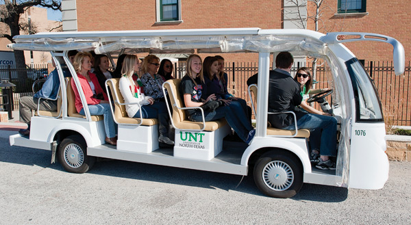 Campus tours now include a riding portion as well as a walking portion, thanks to an electric 14-passenger university tram. Led by Eagle Ambassadors, students trained in all things UNT, tours still last about 90 minutes but cover almost twice as much ground. Call 940-565-4104 or visit http://ww.tours.unt.edu. (Photo by Michael Clements)