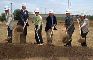 At the lab ground-breaking were, from left, Miguel Garcia, engineering professor; Costas Tsatsoulis, dean of the College of Engineering; Yong Tao, chair of the mechanical and energy engineering department; U.S. Congressman Michael Burgess (’72, ’76 M.S.); UNT Chancellor Lee Jackson; and Ruthanne Thomas, associate vice president for research. (Photo by Gary Payne)