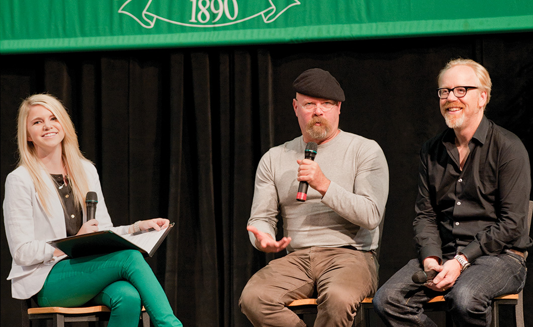 Jamie Hyneman, center, and Adam Savage, right, co-hosts of the Discovery Channel's MythBusters, spoke on campus and participated in student-moderated interviews as part of UNT's Distinguished Lecture Series in September. (Photo by Jonathan Reynolds)