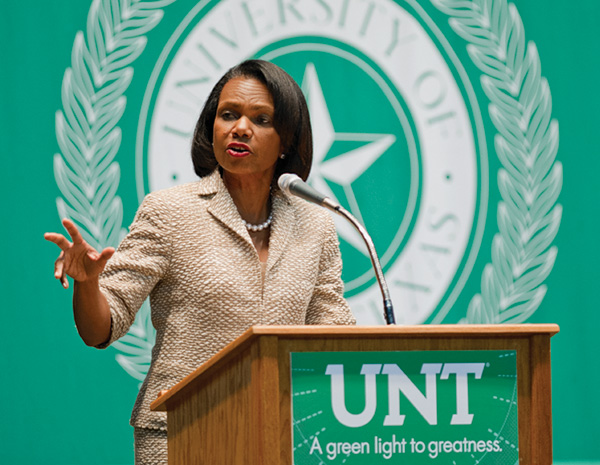 Condoleezza Rice spoke at the UNT Coliseum and participated in a Q&A with students as part of UNT's Distinguished Lecture Series. (Photo by Gary Payne)