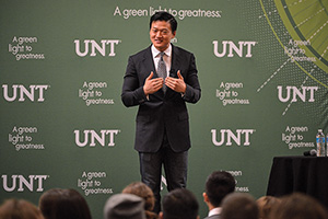 Former Army Lt. Dan Choi spoke this spring at the UNT Gateway Center as part of UNT's Distinguished Lecture Series. (Photo by Michael Clements)