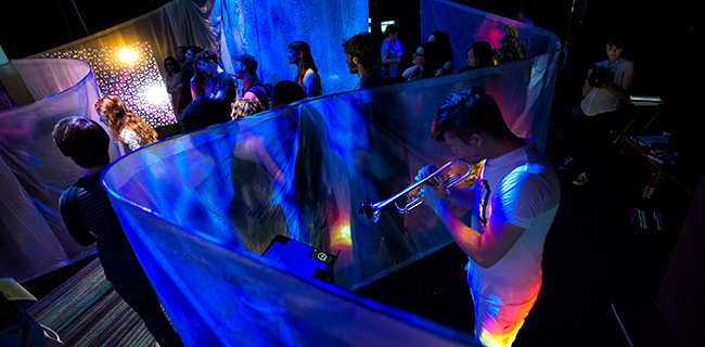 Students in UNT's intermedia performance art course, led by David Stout, professor of composition and new media, combine architecture, art, film and music in nanoGalactic, performed in April at the Merrill Ellis Intermedia Theater. (Photo by Gary Payne)