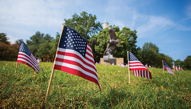 American flags were installed around the Eagle statue near the Hurley Administration Building Sept. 11 as a memorial to those who lost their lives in 2001. (Photo by Ahna Hubnik)