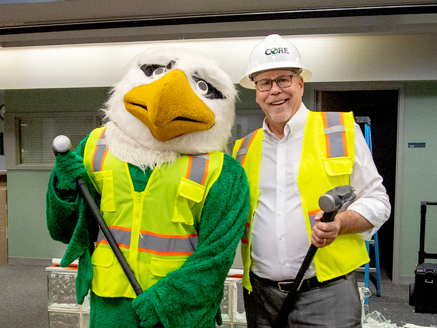 President Smatresk with UNT mascot Scrappy