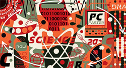 Graphic showing atoms, binary code, art, music, medicine, engineering and the mind