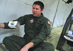 Michael Parkhill floating in a zero g environment.