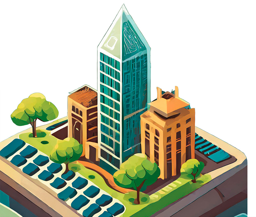 A.I. illustration depiction merging of a computer keyboard and office buildings