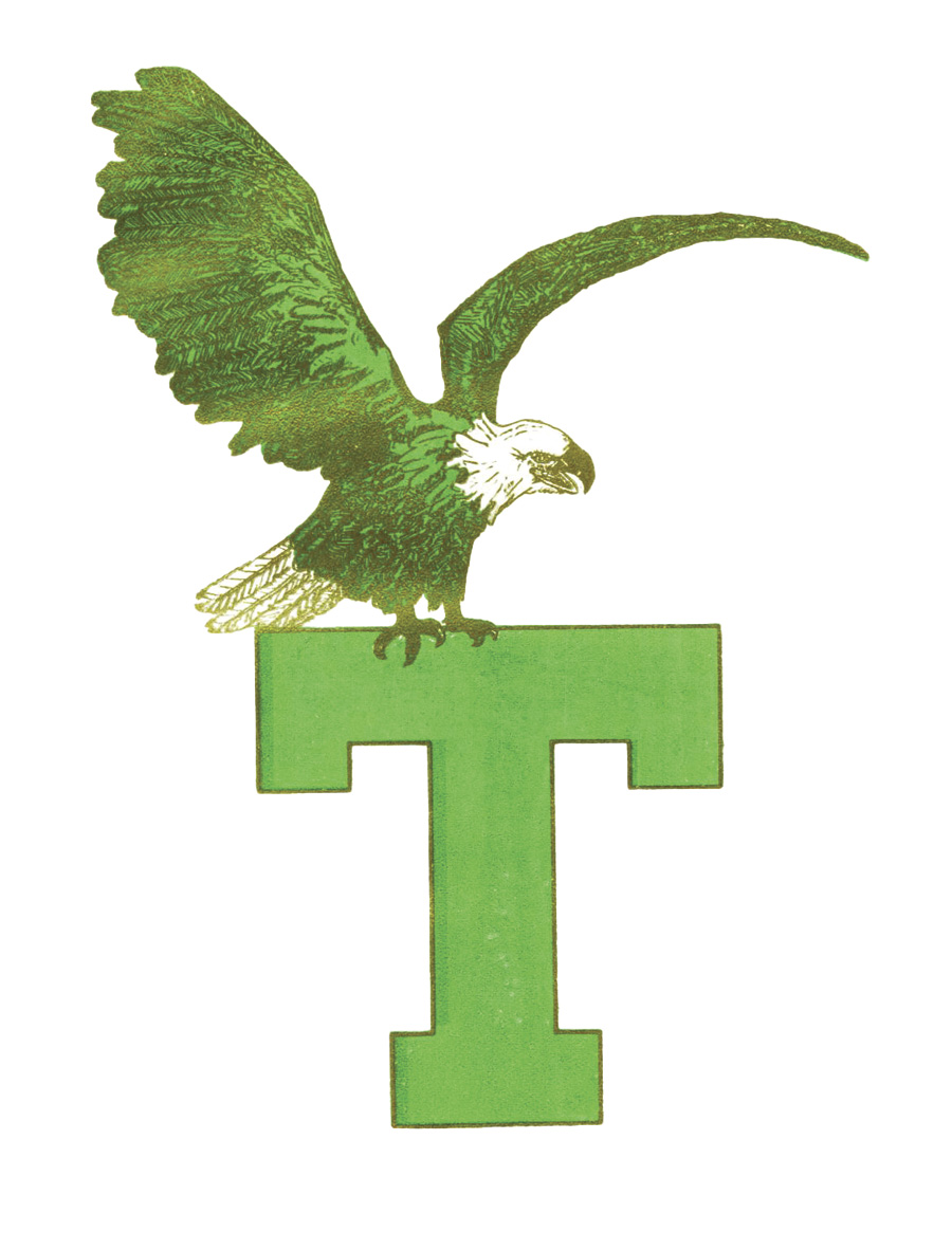 Illustration of eagle mascot on top of the letter "T"