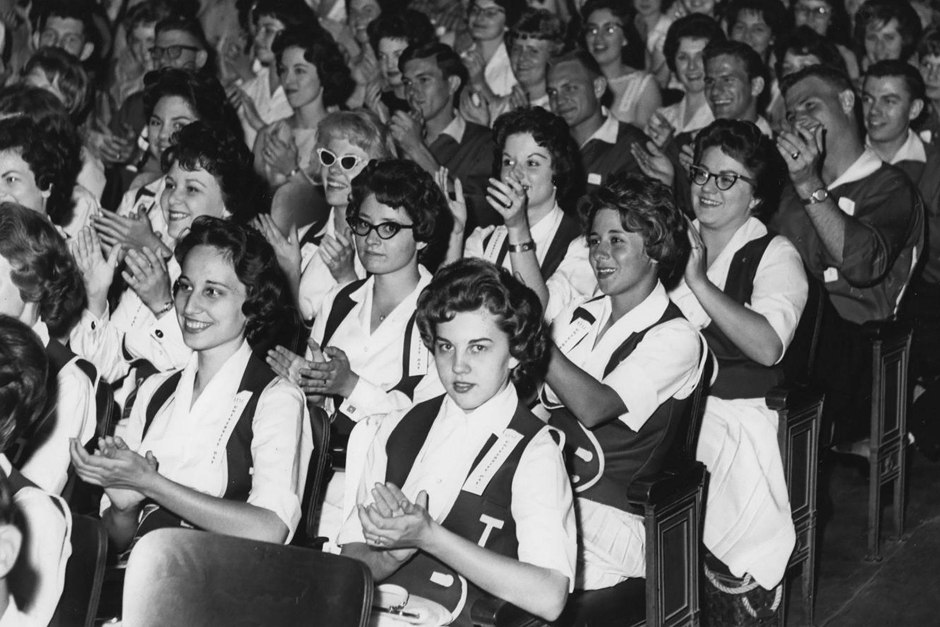 UNT Green Jackets Black and white photo of crowd at first University Day