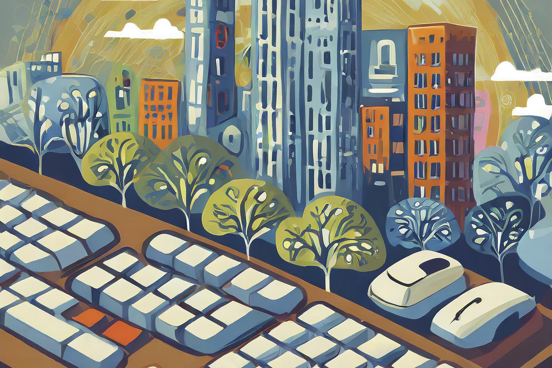 Leading the A.I. Revolution illustration depicting computer keyboards and environment merging