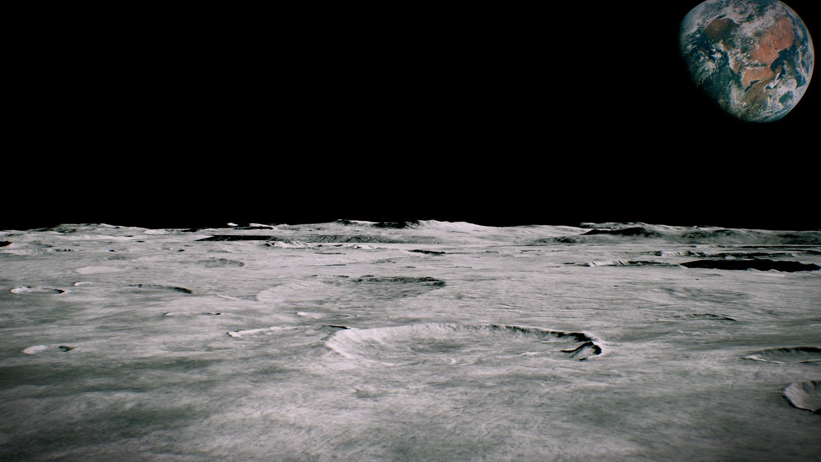 Stock photo of surface of moon with Earth in background