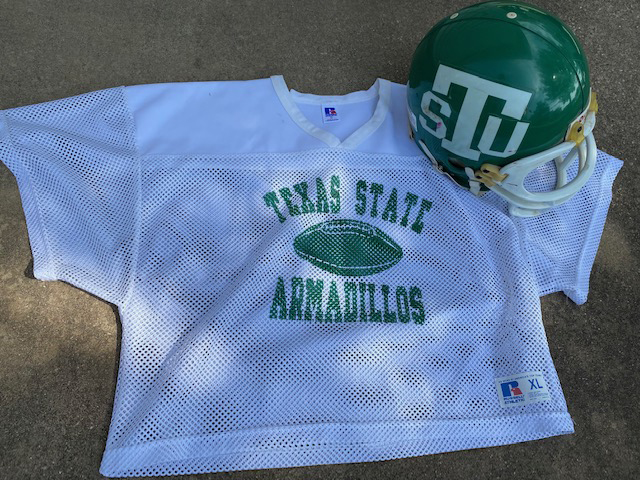 Texas State Armadillos practice jersey and helmet