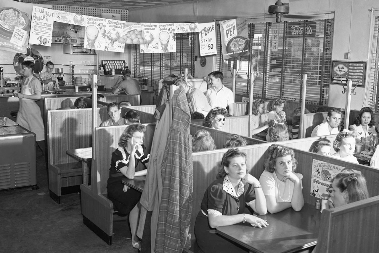 Vintage portrait of young adults at resturant