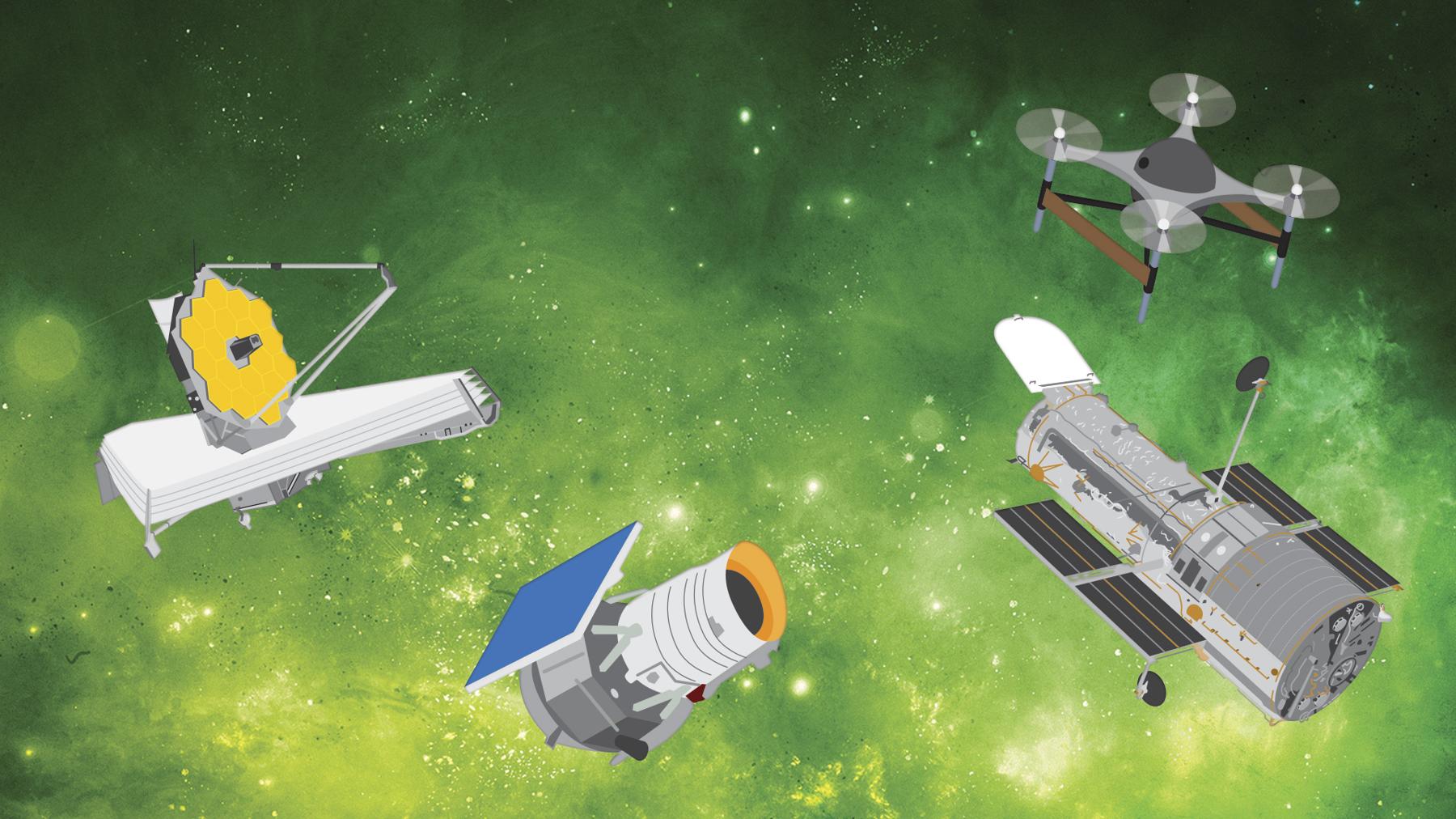 To the Skies & Beyond illustration of satellites and space telescopes