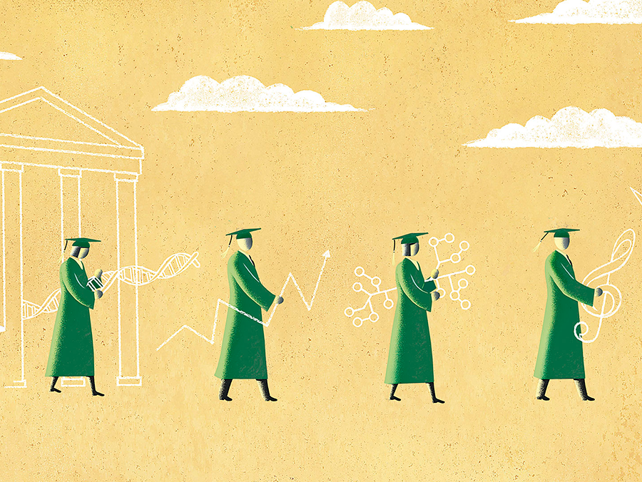 Illustration of college graduates holding line art symbols of their chosen careers
