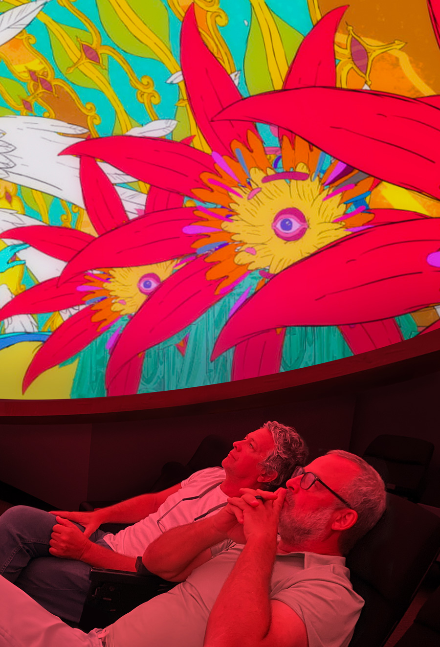 Tim DeLaughter and Scott Berman watch 'Atmosphere' in the UNT Planetarium.